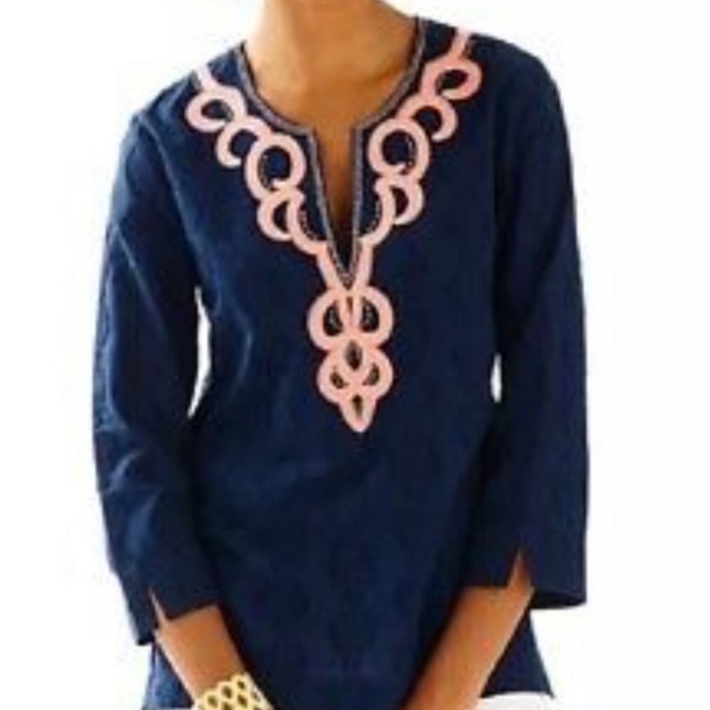Lilly Pulitzer Amelia Island Elephant Sunburst Navy Blue & Pink Tunic Top - S